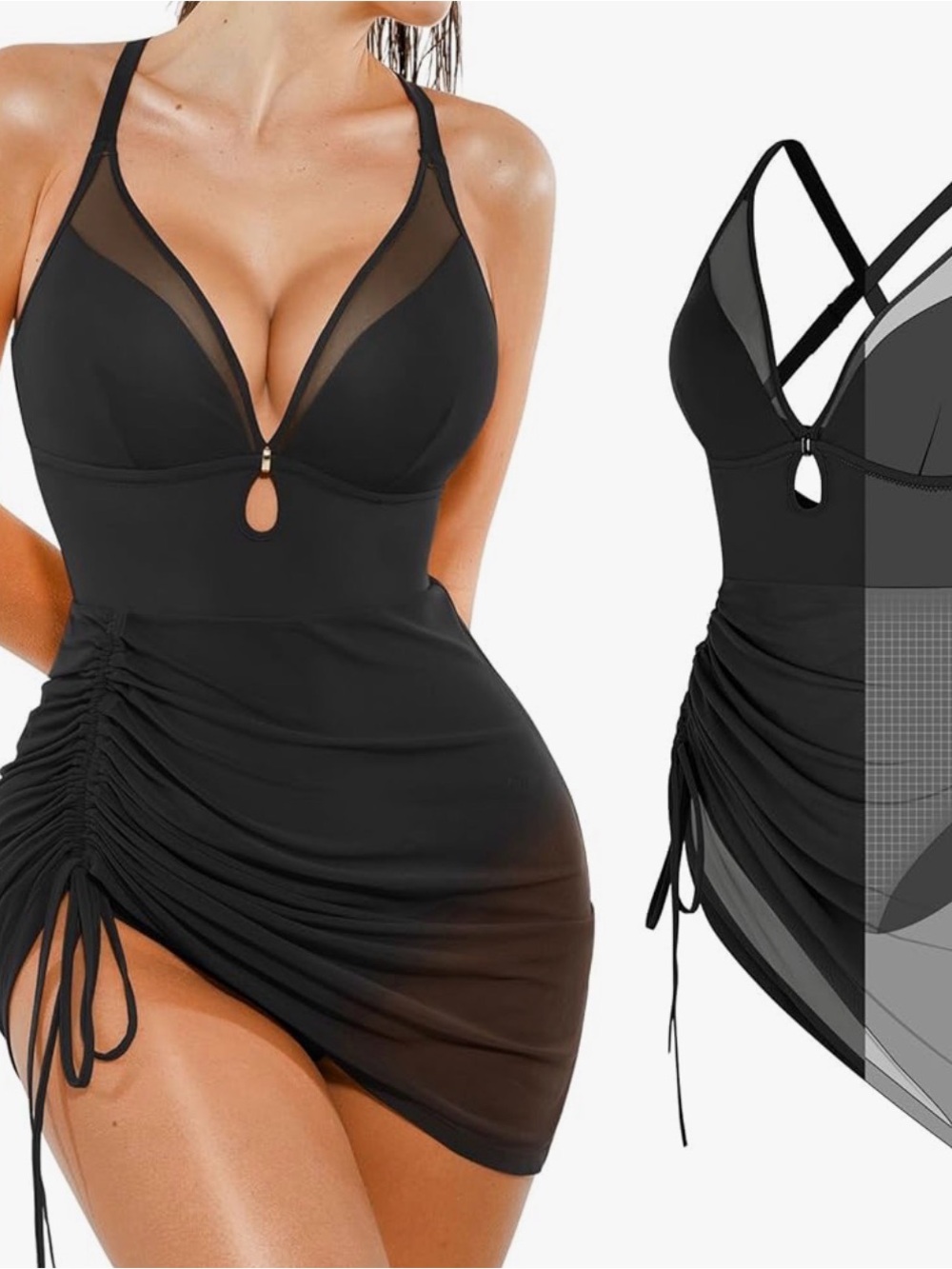 popilush shape wear Black Mesh Keyhole Ruched Swim Dress XL new